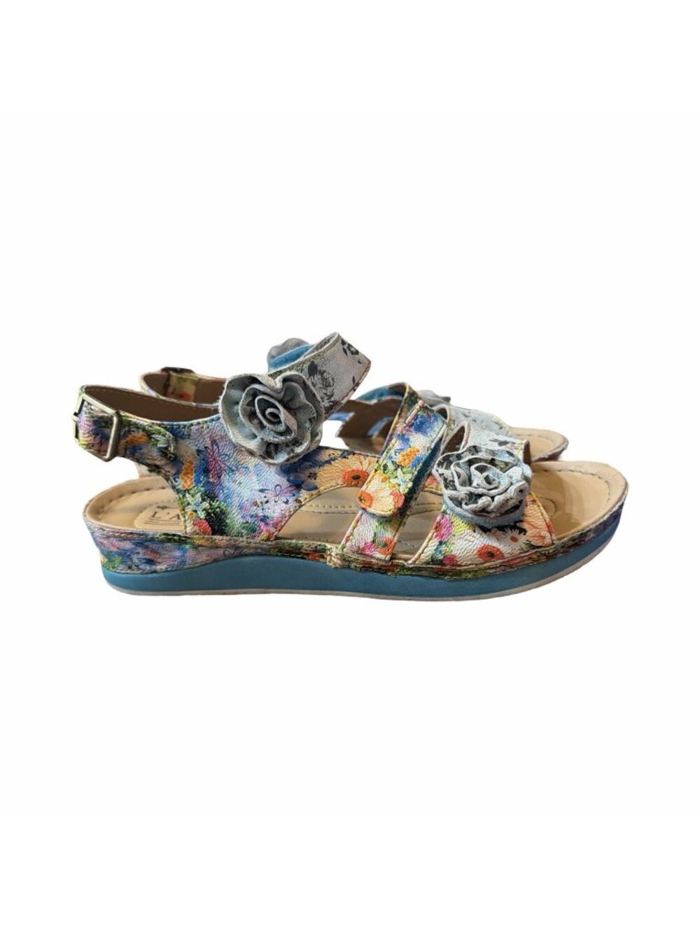 L'Artiste Spring Step Joelina Women’s 39 8.5 Blue Floral Leather Wedge Sandals